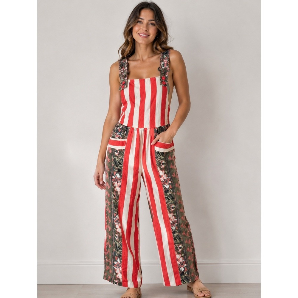 Ashanti Vintage Red White Striped Floral Cotton Overalls Jumpsuit One Size